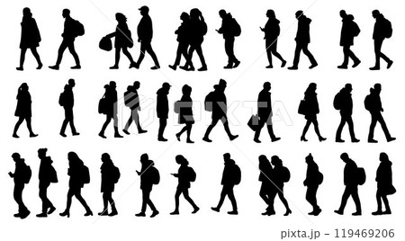 People walking on street vector silhouette, Long line of different profile people walking 119469206