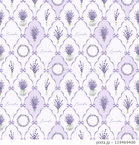 Lavender flower decor elegant seamless pattern. Watercolor vintage style illustration. Hand drawn organic lavandula herb elegant decoration element. Lavender flowers rustic style seamless ornament 119469400