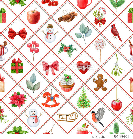 Christmas time decor element seamless pattern. Hand drawn fir tree, snowman, sled, winter sweets and treats on white background. Winter vintage style decor traditional elements seamless pattern Christmas time decor element seamless pattern. Hand drawn fir tree, snowman, sled, winter sweets and treats on white background. Winter vintage style decor traditional elements seamless pattern 119469401