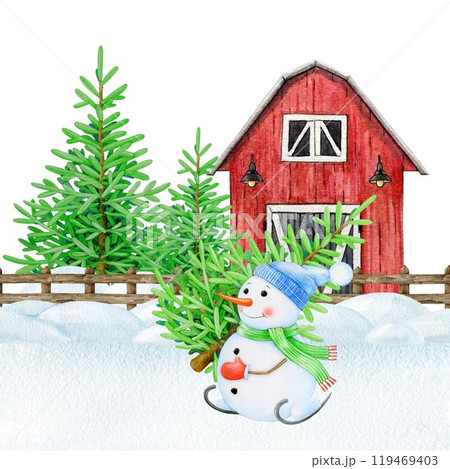 Funny snowman on skates with fir tree on snowy ground in countryside landscape. Vintage style painted illustration. Hand drawn smiling snowman skating on ice holding fir tree 119469403