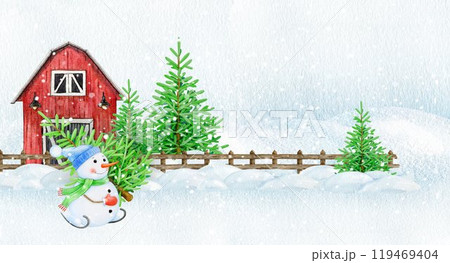 Funny snowman holding fir tree on snowy ground in countryside landscape. Vintage style painted illustration. Hand drawn happy snowman holding fir tree in winter landscape covered with snow Funny snowman holding fir tree on snowy ground in countryside landscape. Vintage style painted illustration. Hand drawn happy snowman holding fir tree in winter landscape covered with snow 119469404