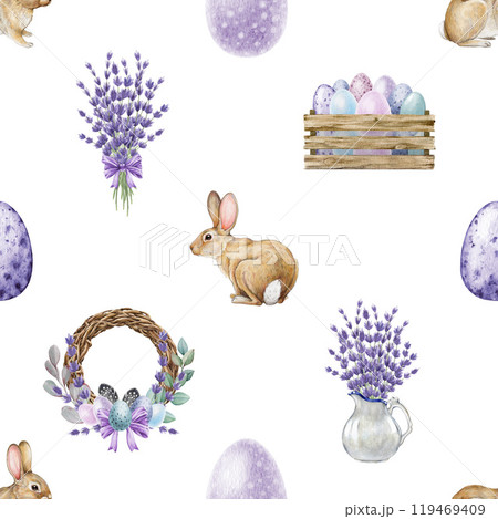 Easter bunny with lavender flowers seamless pattern. Easter festive decor with rabbit in tender spring colors. Watercolor illustration. Hand drawn cute bunny, painted eggs, lavender, vine wreath Easter bunny with lavender flowers seamless pattern. Easter festive decor with rabbit in tender spring colors. Watercolor illustration. Hand drawn cute bunny, painted eggs, lavender, vine wreath 119469409