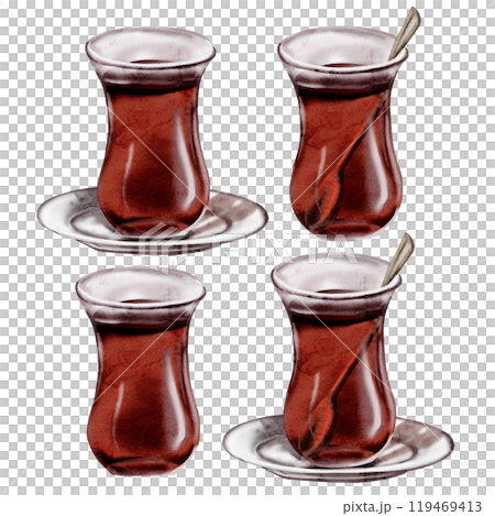 Turkish tea. Set of four glass glasses. With saucer and teaspoon. Color illustration. Watercolor illustration. No background. 119469413