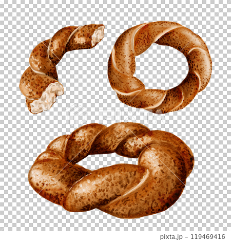 bagel set. Turkish traditional simit. Whole bagel - top view. round shape. The bagel is lying. Half a bagel. Watercolor illustration without background. bagel set. Turkish traditional simit. Whole bagel - top view. round shape. The bagel is lying. Half a bagel. Watercolor illustration without background. 119469416