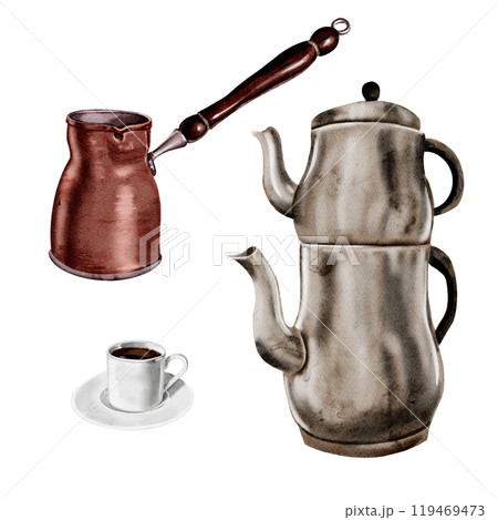 Set of Turkish dishes. Samovar, coffee pot and cup and saucer. Porcelain coffee cup. Metal utensils. Set for tea and coffee. Watercolor illustration.  119469473