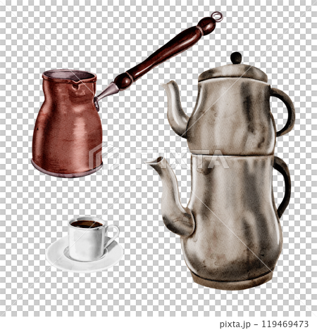 Set of Turkish dishes. Samovar, coffee pot and cup and saucer. Porcelain coffee cup. Metal utensils. Set for tea and coffee. Watercolor illustration.  119469473