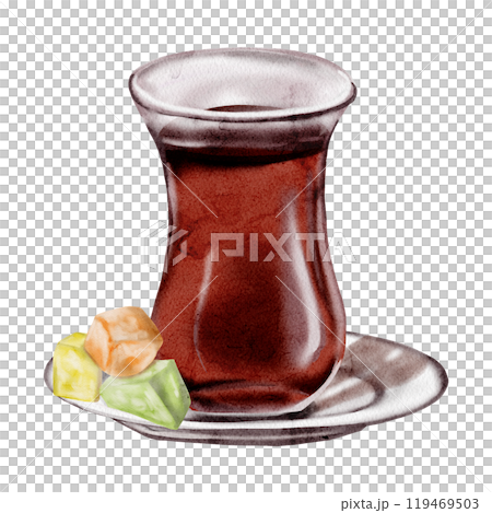 Turkish tea. A glass of tea and a saucer. Multi-colored lukkum. Turkish dessert. Color drawing. Watercolor illustration. No background. Turkish tea. A glass of tea and a saucer. Multi-colored lukkum. Turkish dessert. Color drawing. Watercolor illustration. No background. 119469503