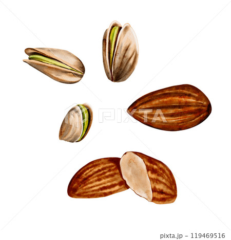 Set of nuts. Almonds and pistachios. natural, natural colors. Watercolor illustration without background. Set of nuts for desserts. High quality illustration Set of nuts. Almonds and pistachios. natural, natural colors. Watercolor illustration without background. Set of nuts for desserts. High quality illustration 119469516