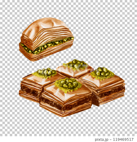 A set of different types of baklava. Turkish delicacy. Sweet dessert.Honey sweets with pistachios.Natural colors. Watercolor illustration. No background. A set of different types of baklava. Turkish delicacy. Sweet dessert.Honey sweets with pistachios.Natural colors. Watercolor illustration. No background. 119469517