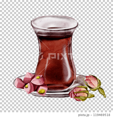 Turkish tea. A glass of tea and a saucer. Pink lukkum with nuts and rosebuds. Turkish dessert. Watercolor illustration. No background.  119469518