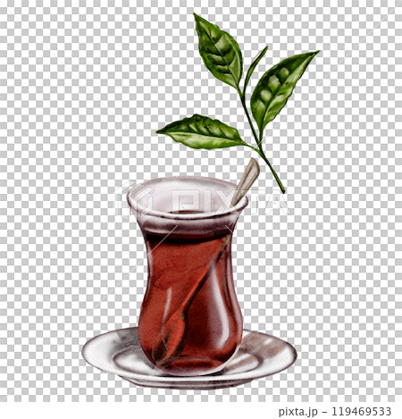 Turkish tea. A glass of tea and a saucer. There is a teaspoon in a glass. Traditions of Turkey. A sprig of a tea plant. A few green leaves. Fragrant black tea. Watercolor illustration. No background.  119469533