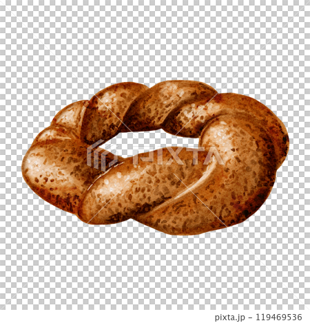 Turkish traditional simit. Breakfast bun. The bagel lies on the surface. Twisted bun. Top sprinkled with sesame seeds. Watercolor illustration without background.  119469536