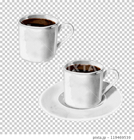 Set of two coffee cups. one with a saucer. Cups of coffee or tea. Porcelain or glass. White. Watercolor illustration. No background. Set of two coffee cups. one with a saucer. Cups of coffee or tea. Porcelain or glass. White. Watercolor illustration. No background. 119469539