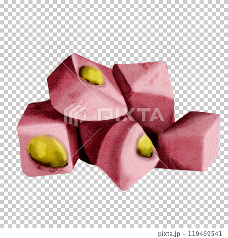 Turkish traditional sweets. Pink lukkum with pistachios. pieces of sweet nougat. watercolor illustration. no background. 119469541