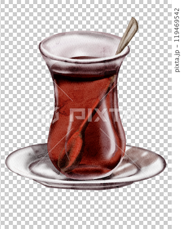 Turkish tea. glass glasses. With saucer and teaspoon. Traditions of Turkey. Color illustration. Watercolor illustration. No background. 119469542