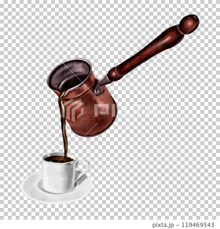Traditional Turkish coffee. Coffee is poured from a coffee pot. Copper coffee pot with wooden handle. White cup and saucer. Watercolor illustration.  119469543