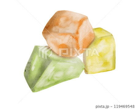 Turkish traditional sweets. Lukkum colored. Three pieces of sweet nougat. Orange, yellow and green. watercolor illustration. no background. Turkish traditional sweets. Lukkum colored. Three pieces of sweet nougat. Orange, yellow and green. watercolor illustration. no background. 119469548