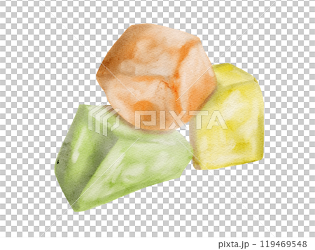 Turkish traditional sweets. Lukkum colored. Three pieces of sweet nougat. Orange, yellow and green. watercolor illustration. no background. Turkish traditional sweets. Lukkum colored. Three pieces of sweet nougat. Orange, yellow and green. watercolor illustration. no background. 119469548
