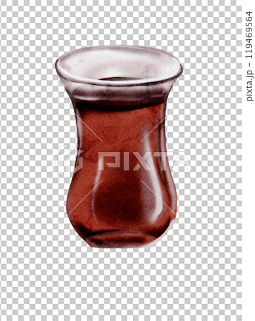 Turkish classic tea. Glass glass with black tea. Traditions of Turkey. Glass and saucer. Watercolor illustration. No background. 119469564