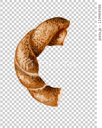 Turkish traditional simit. Half a bagel. Broken bagel. Fresh baked goods. Perfect breakfast. Top view. Watercolor illustration without background. 119469566