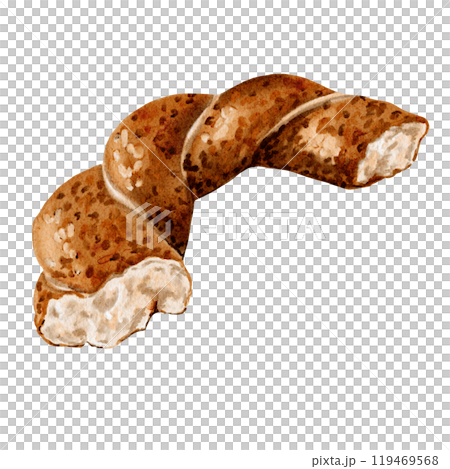 Turkish traditional simit. Half a bagel. Broken bagel. Fresh baked goods. Perfect breakfast. twisted bun. Watercolor illustration without background. 119469568