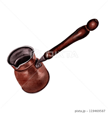 Copper coffee pot. Traditional Turkish dishes. Vintage dishes. For making coffee. Watercolor illustration. No background.  119469587