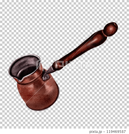 Copper coffee pot. Traditional Turkish dishes. Vintage dishes. For making coffee. Watercolor illustration. No background.  119469587