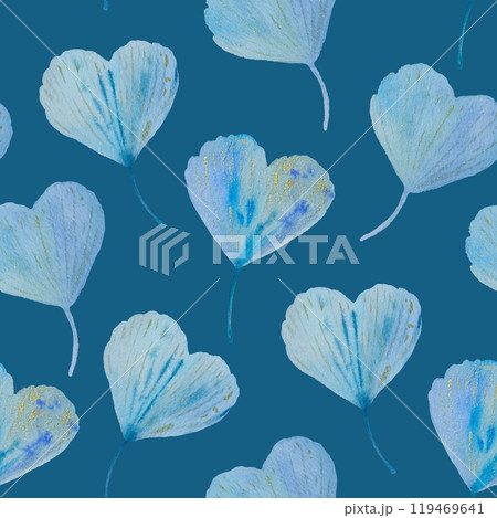 Watercolor seamless pattern with blue shimmering abstract ginkgo leaves for fabric and design Watercolor seamless pattern with blue shimmering abstract ginkgo leaves for fabric and design 119469641