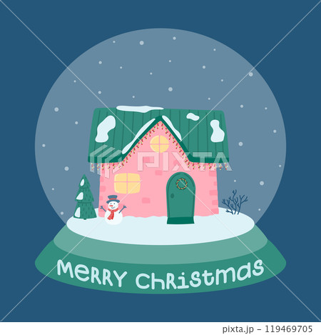 Merry Christmas. Cute winter house. Snow Globe with a decorated house on the background of falling snow, fir trees and a snowman. Vector illustration in a flat style. Merry Christmas. Cute winter house. Snow Globe with a decorated house on the background of falling snow, fir trees and a snowman. Vector illustration in a flat style. 119469705