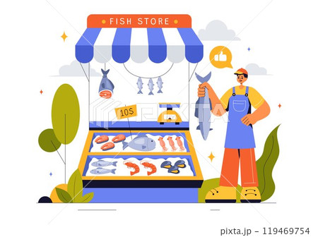 Fish Store Vector Illustration featuring a Variety of Fresh and Hygienic Marine Seafood Products in a Flat Style Cartoon Background 119469754