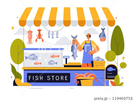 Fish Store Vector Illustration featuring a Variety of Fresh and Hygienic Marine Seafood Products in a Flat Style Cartoon Background 119469758