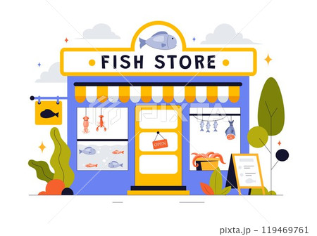 Fish Store Vector Illustration featuring a Variety of Fresh and Hygienic Marine Seafood Products in a Flat Style Cartoon Background 119469761