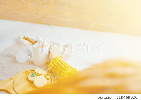 Person enjoying hot drink with whipped cream and biscuits in cozy, sunny spot, creating cozy atmosphere 119469920