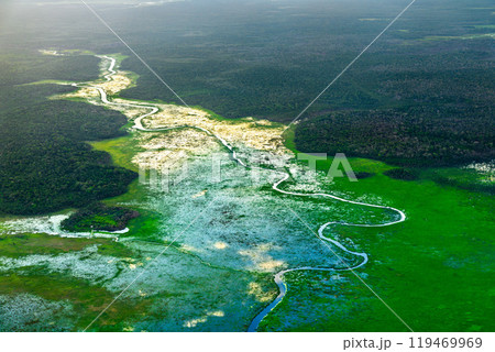Scenic Tributary of the Demerara River Winding through the Amazon Rainforest in Guyana, South American 119469969