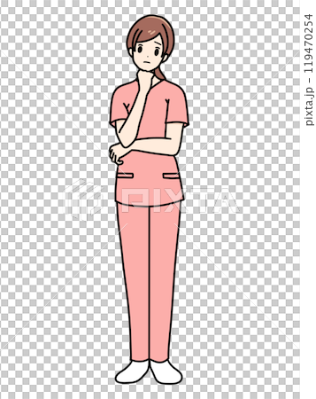 女護士正面站立姿勢，擦洗，手托下巴 119470254