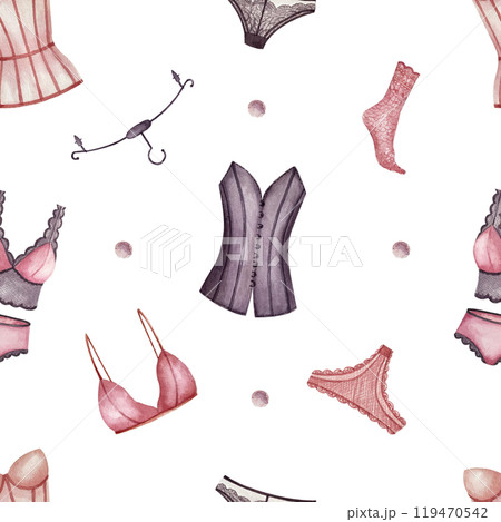 Seamless white pattern underwear and underclothes. Watercolor illustration. Can use with wrapping paper, booklets, postcards, website, packages in lingerie stores, to design a page on social networks 119470542