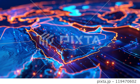 map with vibrant borders, highlighting global connections and divisions in a striking digital representation. 119470602