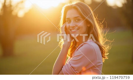 Young woman standing outdoors feeling the sun on her face 119470759