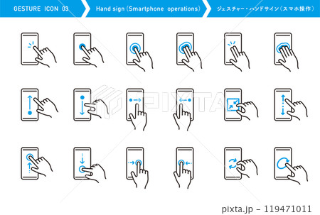 ハンドサインのアイコンセット。手のジェスチャー。スマートフォン操作。タッチやスワイプ。 119471011