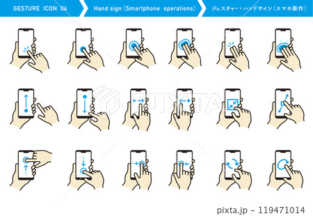 ハンドサインのアイコンセット。手のジェスチャー。スマートフォン操作。タッチやスワイプ。 119471014