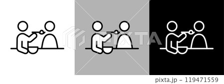 介護スタッフが食事介助をするイラスト。シンプルな線画のベクターアイコン。 介護スタッフが食事介助をするイラスト。シンプルな線画のベクターアイコン。 119471559