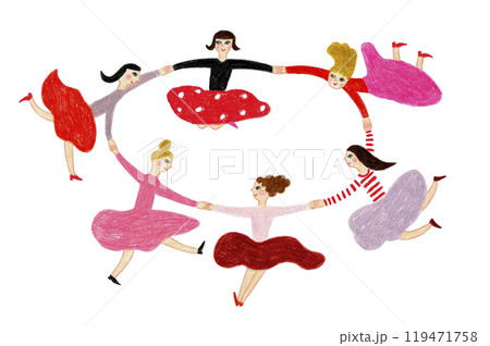 手描きイラスト 手をつなぐ女性 輪 手描きイラスト 手をつなぐ女性 輪 119471758