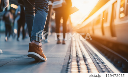A person walking along a train platform during sunset, capturing the vibrant city atmosphere and everyday life. 119472085