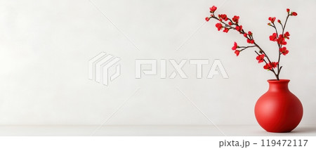Elegant red vase with delicate branches against a clean white background, perfect for home decor and minimalist aesthetics. 119472117