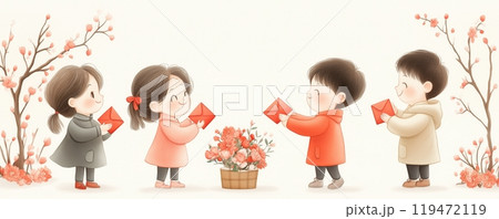 Four children exchanging red envelopes and...のイラスト素材 [119472119] - PIXTA