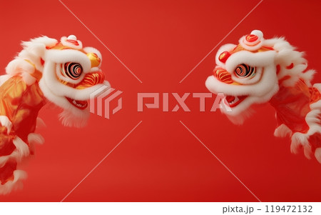 Two vibrant lion dance heads on a red background, symbolizing celebration and tradition. 119472132