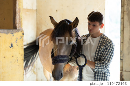 Male owner of horse takes animal out of stall, holds bridle and forces it to follow him 119472168
