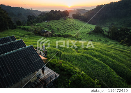 Aerial view of the rice fields,Rice fields and mountains in the early morning 119472430