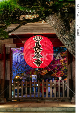 【神奈川県】ライトアップされた長谷寺の山門と提灯 119472549