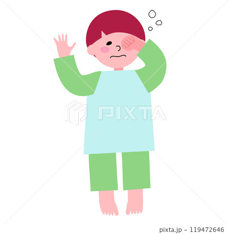 パジャマを着た幼い男の子が眠い目を擦って手を振っている全身のイラスト 119472646